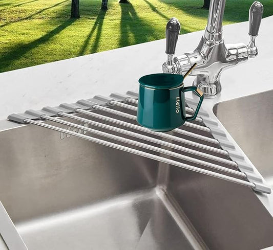 Over the Sink Dish Drying Rack Roll Up Dish Drying Rack and Triangle Dish Drying Rack for Sink Kitchen Corner Dish Drainer Mat Foldable Stainless Steel Corner Sink Rack for Kitchen (Triangle)