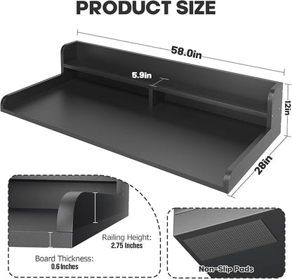 2-Tier Washer Dryer Countertop with 2.75" H Edge Rails, 58" W x 28" D Laundry Countertop for Folding Clothes, Washer and Dryer Topper with Non-Slip Pad (Black)