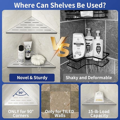 Bernkot Corner Shower Shelf 10" Brushed 304 Stainless Steel Slot Design Recessed Corner Shelf Bathroom Grout in Shelf for Tiled Wall
