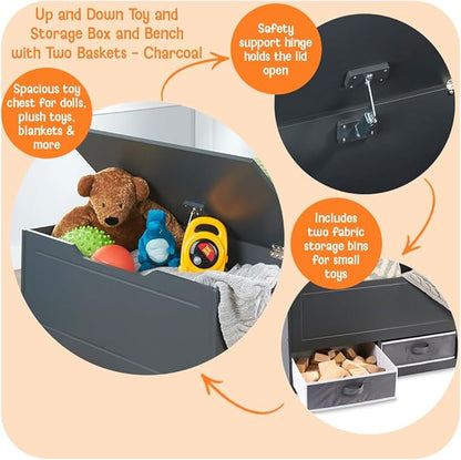 Badger Basket Toy Box and Storage Bench - Chest and Seat Combo with 2 Reversible Baskets, Safety Hinge Lid - Kids Toy Organizer for Playroom or Bedroom - Charcoal