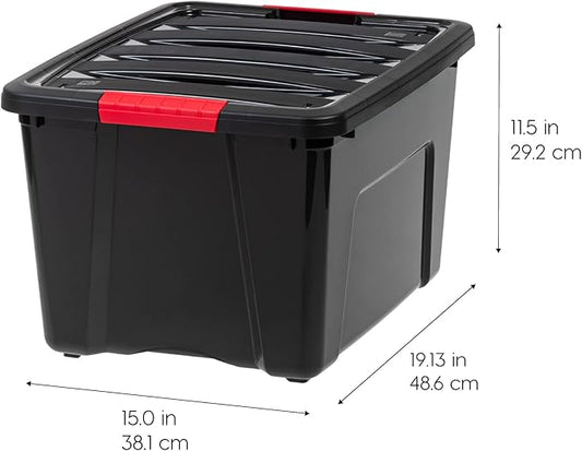 IRIS USA 40 Qt Stackable Plastic Storage Bins with Lids, 6 Pack - BPA-Free, Made in USA - Garage Organizing Solution, Latches, Durable Nestable Containers, Secure Pull Handle - Black