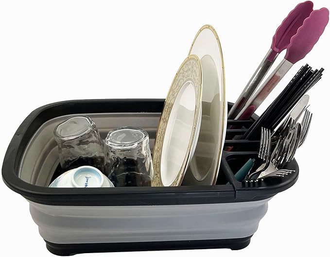 SAMMART 8L (2.11Gallons) Collapsible Plastic Dish Drainer - Foldable Drying Rack - Portable Dinnerware Organizer - Space Saving Kitchen Utensil Storage Tray (Black/Alloy Grey)