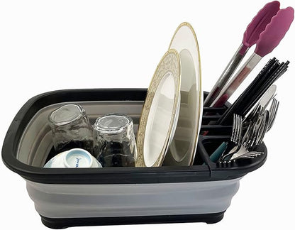 SAMMART 8L (2.11Gallons) Collapsible Plastic Dish Drainer - Foldable Drying Rack - Portable Dinnerware Organizer - Space Saving Kitchen Utensil Storage Tray (Black/Alloy Grey)