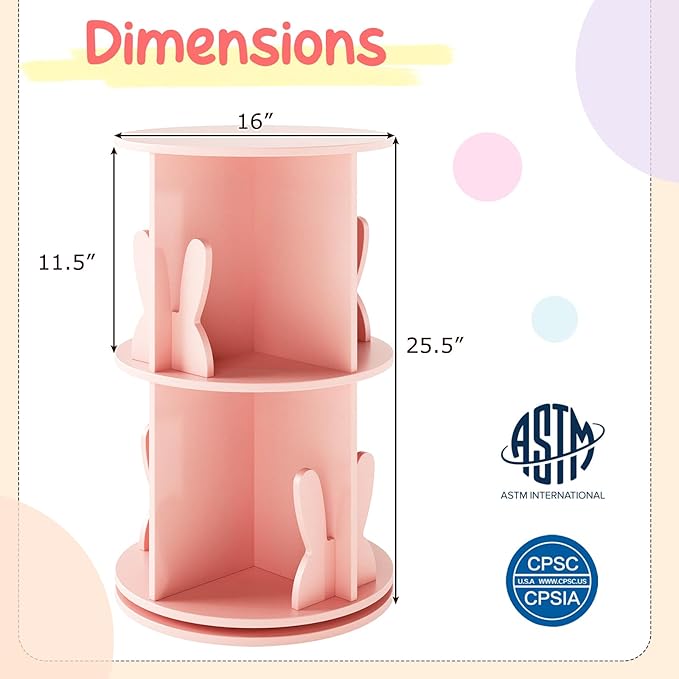 HONEY JOY Kids Rotating Bookshelf, Wooden Spinning Small Corner Organizer w/Baffles, 360°Display Standing Toddler Bookshelf, Narrow Storage Rack, Montessori Book Shelf for Nursery, Playroom (Pink)