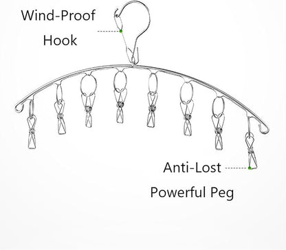 2Pcs Clothes Drying Hanger with 16 Clips, Stainless Steel Sock Air Drying Rack, Windproof Anti-Lost for All Small Laudry Item and Herbs