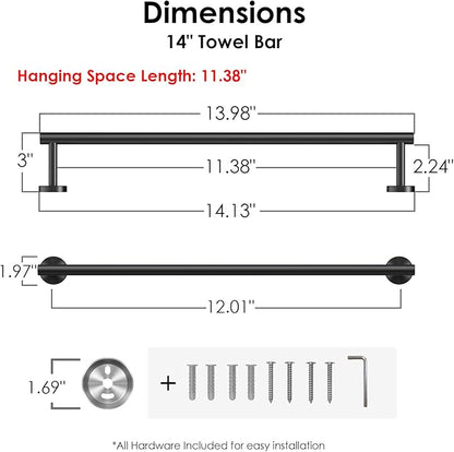 FORIOUS Towel Bar Wall Mounted, Stainless Steel Towel Racks for Bathroom, Includes Wall Mounting Hardware (Matte Black, 14 Inch)