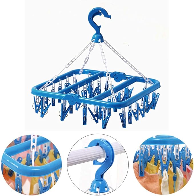 SteelFever Clothes Drying Hanger with 32 Clips, Foldable Hanging Drying Rack for Clothes Underwear Socks (Blue)