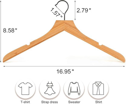 TOPIA HANGER Bamboo Wooden Hangers, Clothes Hangers with Rotatable Black Hook and Smooth Cut Nothces, Set of 12 Durable and Slim Wood Hangers for Coats, Suits, Jackets, Sweaters, Dresses - CTS03