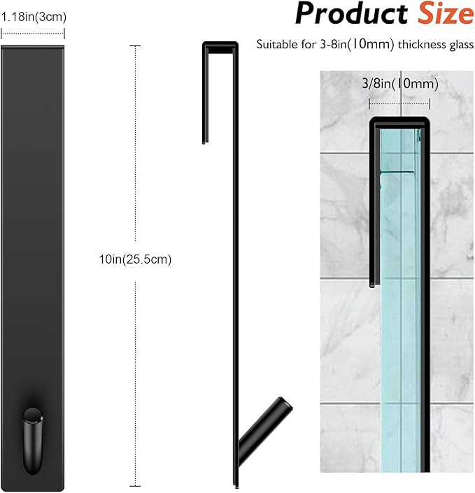 Kontoyo Shower Door Hooks(10 Inch),Extended Over Door Hooks for Bathroom Frameless Glass Shower Door,Stainless Steel Towel Hooks,Heavy Duty Rack Hooks for Robe,Towel-3 Pack-Black