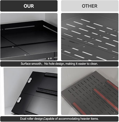 Pull-out Cabinet Organizer,Adjustable Depth(15.7"-24.4") And Width(12.8"-20.5"),3 Silent slides and 2 Support Pulleys,Easy to Assemble and Heavy-Duty Storing slide-out drawer,Black