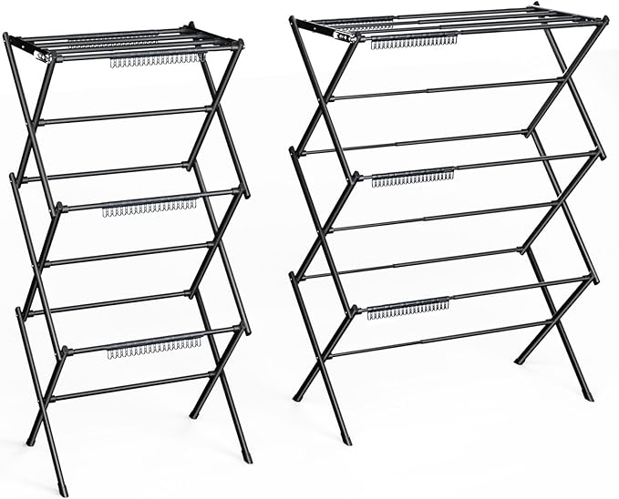 3 Tier Clothes Drying Rack, Foldable Drying Rack Clothing,Indoor & Outdoor Laundry Rack for Drying Clothes,Space-Saving Design, Metal Collapsible Dryer Racks for Laundry,Pure Black