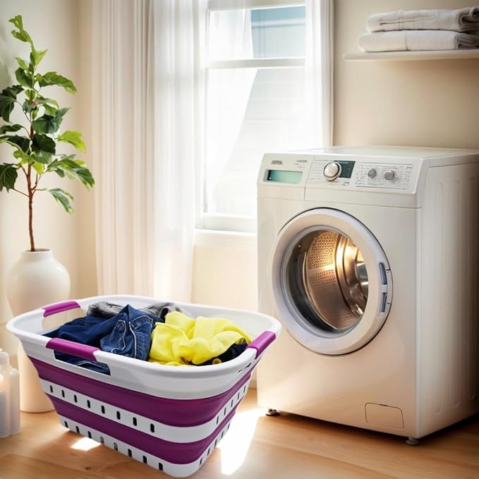 SAMMART 30L (8 gallon) Collapsible 3 Handled Plastic Laundry Basket - Foldable Pop Up Storage Container/Organizer - Space Saving Hamper/Basket (White/Purple)