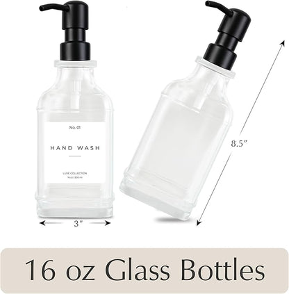 Emerson Essentials Glass Soap Dispenser Set – 16 oz 2-Pack – Refillable Dish & Hand Soap Dispensers for Kitchen or Bathroom – Stainless Steel Pump & 5 Waterproof Labels
