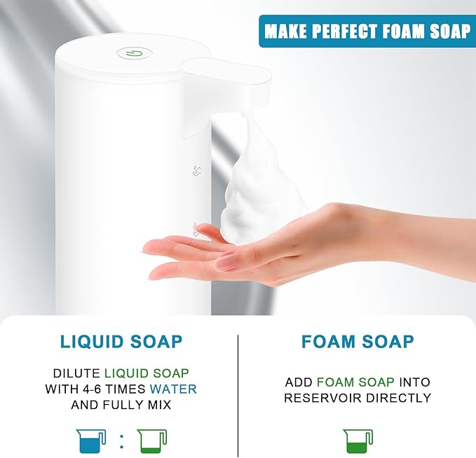 Mamiddle Automatic Soap Dispenser Stainless Steel with Sensor Infrared Soap Dispenser Electric IPX5 Waterproof USB-C Charging Motion Sensor for Kitchen & Bathroom (White Foam)
