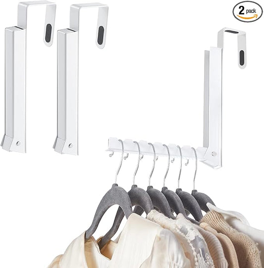 YAZYBHA 2 Pack Over The Door Hooks Hanger for Clothes, Foldable Over The Door Drying Rack for Laundry, Overdoor Hanger Hook with 6 Groves for Towel, Coat, White