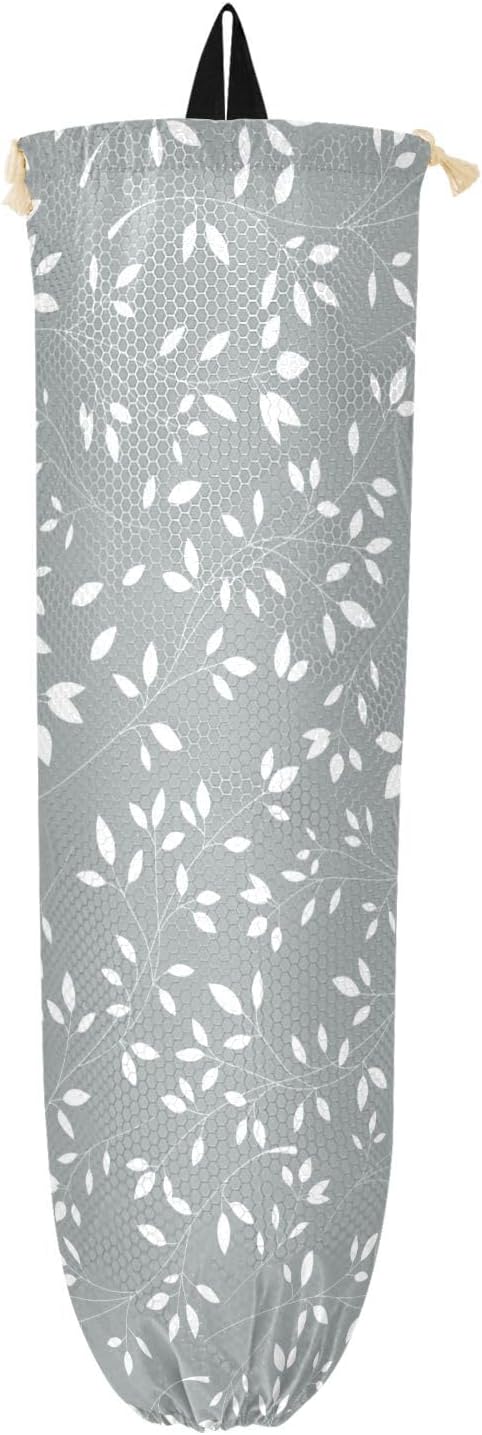 1 PC Plastic Bag Holder Wall Mount Grocery Bag Holder Shopping Bag Trash Bag Storage Organizer Dispenser for Kitchen Closet 22 x 9 Inch Leaves Grey