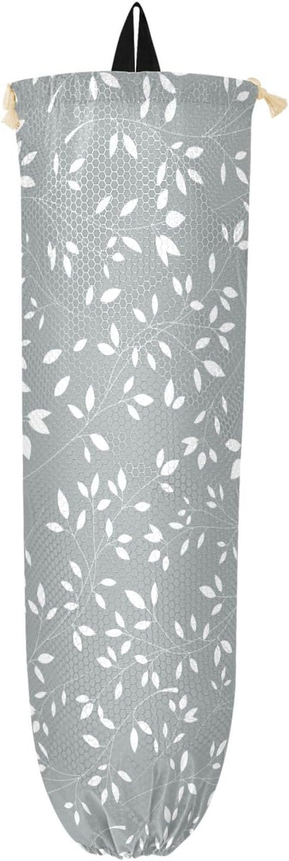 1 PC Plastic Bag Holder Wall Mount Grocery Bag Holder Shopping Bag Trash Bag Storage Organizer Dispenser for Kitchen Closet 22 x 9 Inch Leaves Grey