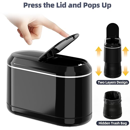 Mini Trash Can for Desk with 5 Rolls of Trash Bags, Small Press-Top Countertop Garbage Bin, Removable Waste Basket for Bedroom, Vanity, Coffee Table, Kitchen (Black Half-Lid)