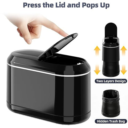 Mini Trash Can for Desk with 5 Rolls of Trash Bags, Small Press-Top Countertop Garbage Bin, Removable Waste Basket for Bedroom, Vanity, Coffee Table, Kitchen (Black Half-Lid)