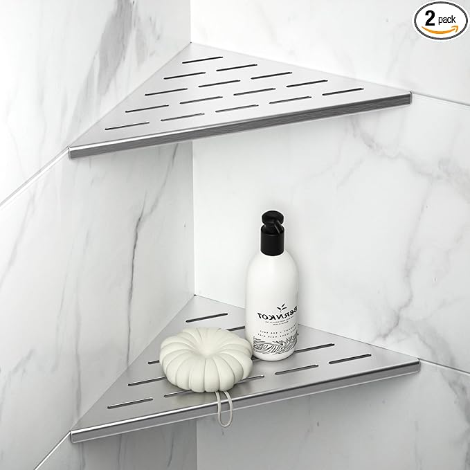 Bernkot 10'' Corner Shower Shelf 2PCS, 304 Stainless Steel Grout in Shelves for Tiled Wall, Recessed Bathroom Shelves (10'', Silver)