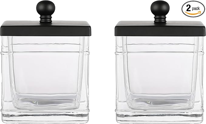 Indecor Home Glass Cotton Jar Holder 2 Pack– Matte Black Lid, Elegant Bathroom Storage Canister for Qtips, Cotton Balls, Floss, Makeup Organizer, Vanity & Bathroom Organization