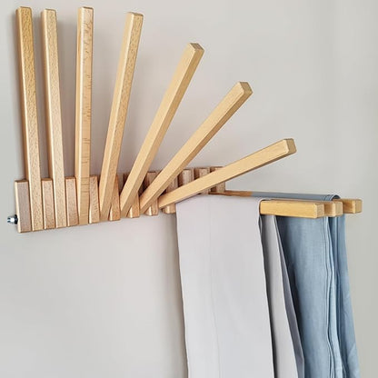 Beech Wood Wall Mounted Drying Rack for Laundry Room with 10 Mount Folding Coat Hooks Racks Drying Hanger for Clothes Bathroom Hat Towels Robes Rack Saving Space