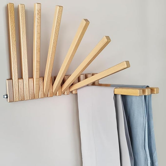 Beech Wood Wall Mounted Drying Rack for Laundry Room with 10 Mount Folding Coat Hooks Racks Drying Hanger for Clothes Bathroom Hat Towels Robes Rack Saving Space