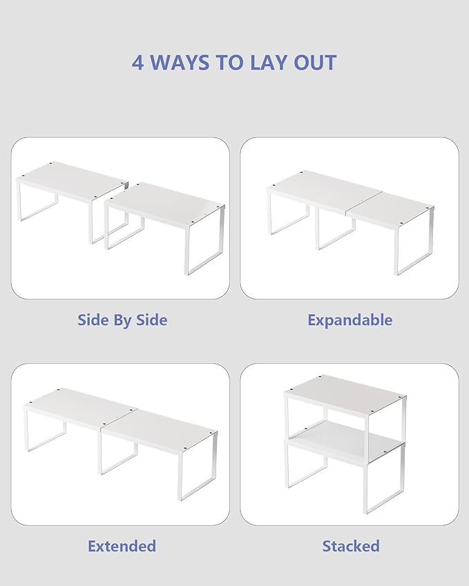 HHVACUUN Cabinet Organizer Shelf, Set of 2 Cabinet Shelves, Stackable Metal Kitchen Counter Organizer, Adjustable Countertop Cupboard Pantry Shelf Riser Storage Rack, WHite