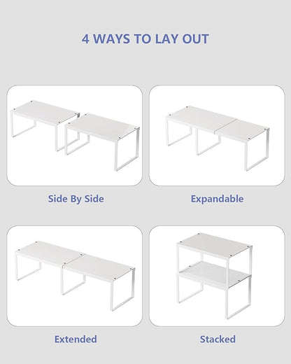 HHVACUUN Cabinet Organizer Shelf, Set of 2 Cabinet Shelves, Stackable Metal Kitchen Counter Organizer, Adjustable Countertop Cupboard Pantry Shelf Riser Storage Rack, WHite
