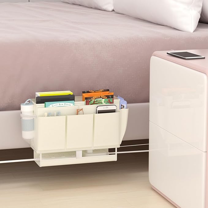 Frjjthchy Bedside Caddy Bedside Organizer,Bed Caddy with 11 Pockets and Power Strip Holder,Versatile Bedside Storage Caddy for Home,Dorm,Bunk,Hospital,Crib Bed (White)