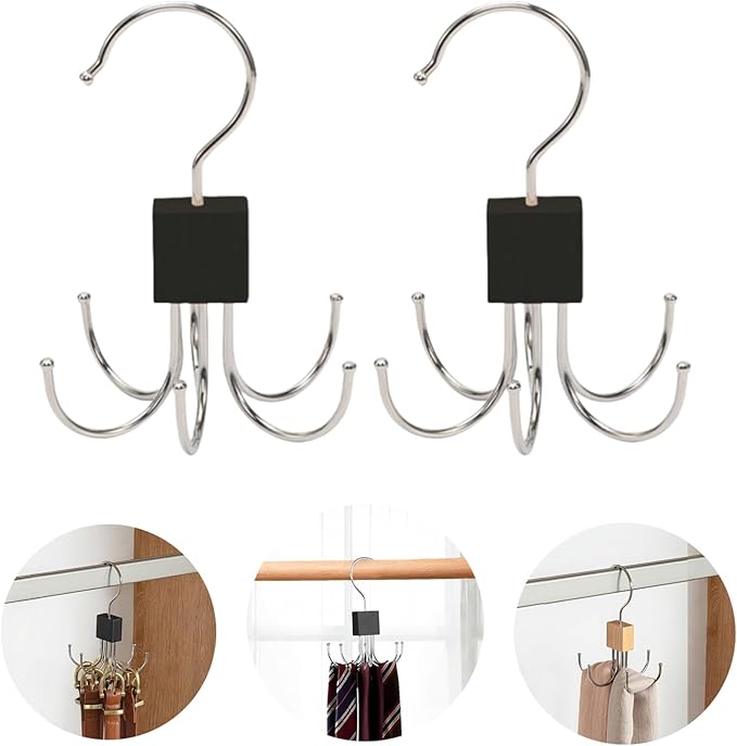 2Pcs Multifunction Belt Hanger, 360° Rotatable Belt Organizer | Hold Up to 24 Belts – Hanging Holder Storage Hook for Belt, Bra, Tie, Scarf, Purse & Tank Tops, Silver