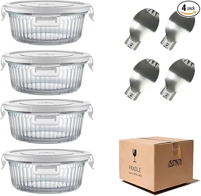 H.JSS WDJS 1.5 Cup Round Glass Food Storage Containers with Lids and Spoons, Kitchen 12Oz Meal Prep Containers, Small Round Glass Bowls for Soup, Leftovers, Lunch. Microwave, Dishwasher, Freezer Safe