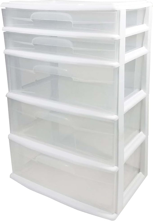 HOMZ Drawer Tower, 5-Tier Extra-Wide Clear Plastic Storage Organizer Cart, White Frame - Organizing Containers for Home, Office, Bathroom, Bedroom, and Classroom