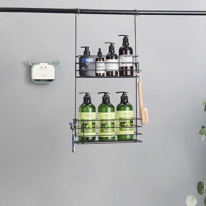 Seltomer Shower Organizer Hanging Shower Caddy with Rotatable Hook bar Over the Door and Can be Hung on the Faucet or Claw Foot, Stainless Steel Rust Proof and Durable （Black）