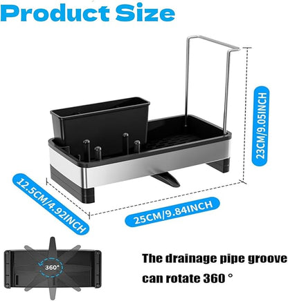 Sink Caddy Organizer with High Brush Holder Kitchen Sponge Holder for Sink with Quick Drain Tray & Detachable Towel Rack, Rustproof Kitchen Countertop Organizer for Sponge Soap Dispenser (Black)