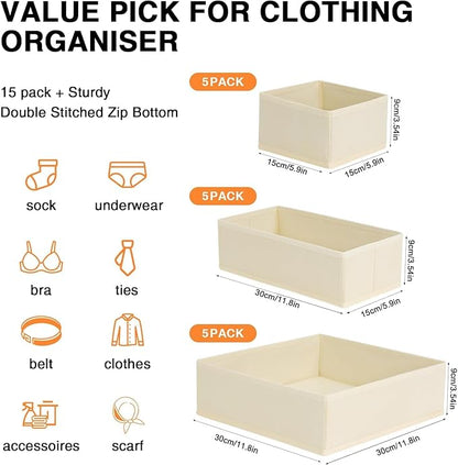 DIMJ Drawer Organizer Clothes 15 Pack - Foldable Baby Organizers and Storage & Closet Organizers for Bedroom, Closet - Nursery Organization Dresser Dividers for underwear, Sock,Bra, Belt, Tie, Beige