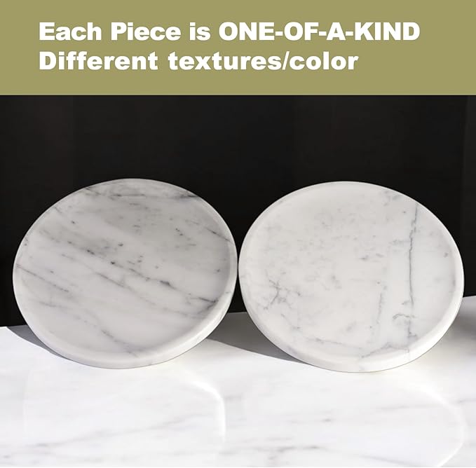 Natural Marble Decorative Tray for Bathroom Bedroom Kitchen Dresser, 9.8” Round Vanity Trays for Jewelry, Perfume, Cosmetic, Candle, Countertop Storage Organizer for Home Decor White, Arabescato