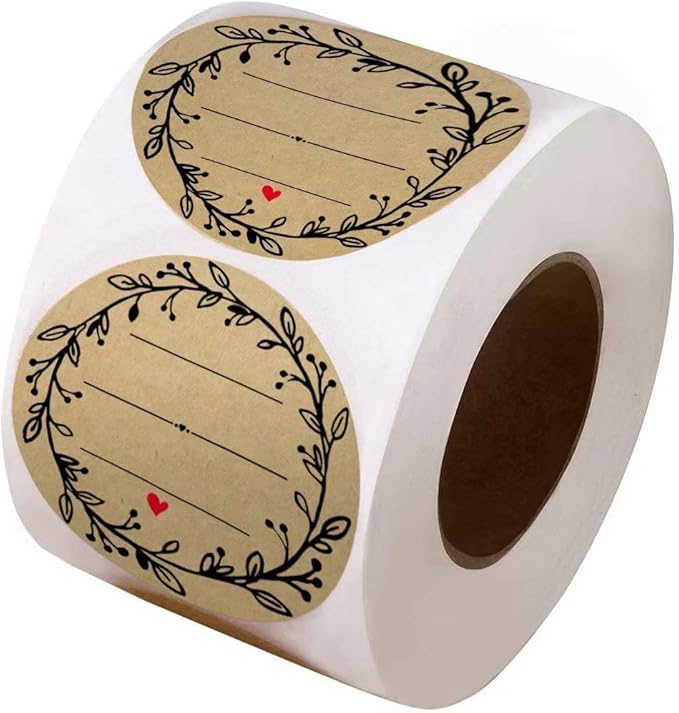 2 Inch Wreath Design with 3 Lines for Writing (500 Labels per roll) Natural Brown Kraft Stickers for Canning Labels Jar, Store Owners, Crafts, Organizing, Gift, Price Tags, Weddings, Baby Showers