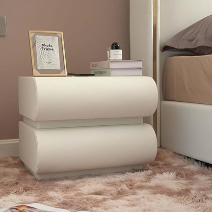 homary Smart Nightstand with Wireless Charging, USB & Type-C Ports – Modern White Leather Night Stand with 2 Drawers, Bedside Table for Bedroom