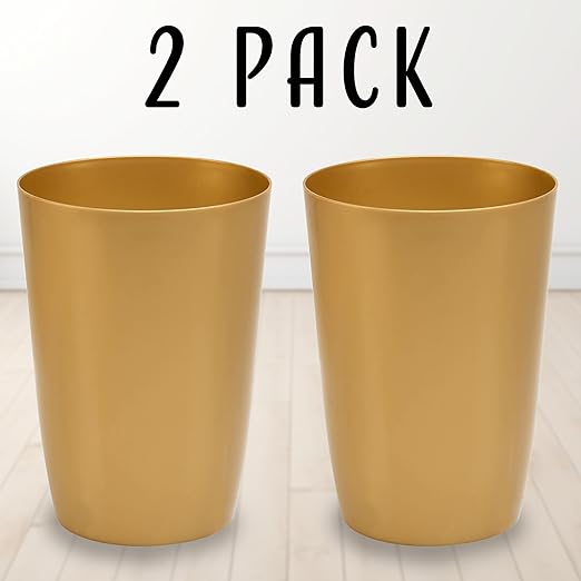 Mini Waste Basket - Pack of 2 Durable Small Plastic Garbage Trash Can Bin - Lidless Open-Top, Slim Profile for Compact Spaces - Suitable for Home, Bathroom, Office, Bedroom & More, Soft Brass