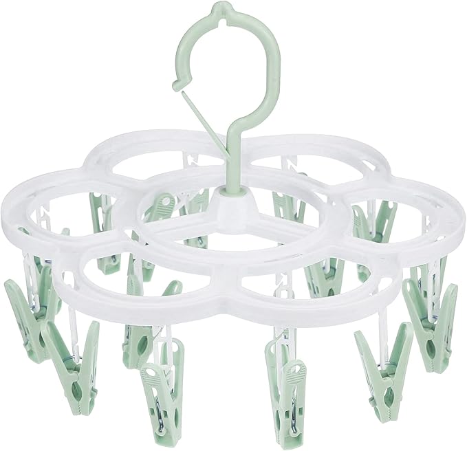 Clothespin Rack Laundry Drying Rack,Clothes Hangers with 16 Clips,Clip Hanger Drip Hanger for Drying Underwear,Baby Clothes,Socks,Bras,Towel,Pants,Hat,Scarf,Cloth Diapers,Gloves (Light Green)