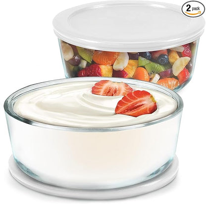 Ultimate Yogurt Containers 2 Pack - Make More Yogurt with 1-Quart Glass Containers (4 Cup) - 100% BPA Free, Durable & Oven Safe Round Bowl Set with Lids - Perfect for Food Storage & Meal Prep