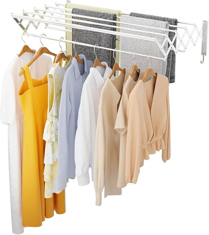 | Clothes Drying Rack Wall Mounted with Hooks - Foldable & Removable Laundry Drying Rack, Extendable 21"-39.4", 110lbs Heavy Duty Drying Rack with 7 Stainless Steel Rods for in & Out Door