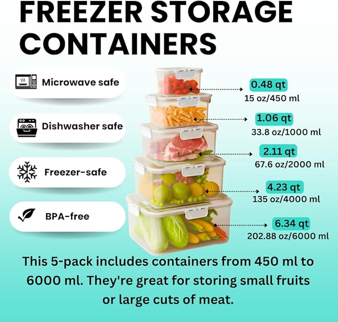 DAZZLEREE Fruit Containers for Fridge Keep Fresh, 5-Pack Produce Containers for Fridge with Lids, Meal Prep Containers, Food Organizer with Removable Colander, Microwave & Dishwasher Safe (White)