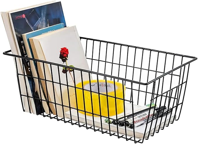 Redrubbit Wire Storage Baskets, Large Farmhouse Metal Freezer Basket Storage Organizer Bins with Handles for Kitchen Cabinets, Pantry, Closets, Bedrooms, Bathrooms, Set of 2, Black