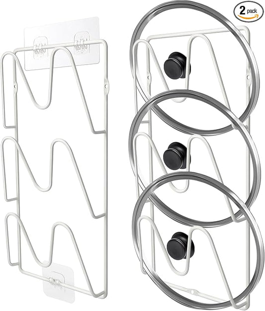 MZTOOL 2 Pack Pot-Lid-Organizer, 6-Tier Pots and Pans Lid-Organizer for Cabinet Door/Wall, No Drilling Adhesive Wall/Door Mounted Rustproof Pot-Lid-Holder for Kitchen Organization - White
