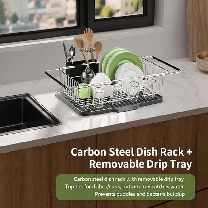 Dish Drying Rack in Sink With Non-Slip Silicone Mat Set, Expandable Carbon Steel Dish Drainers for Kitchen Counter, Bowl Dryer Rack Mat for Inside Sink, Over The Sink D ish Racks(COLOR:Grey+Silver)