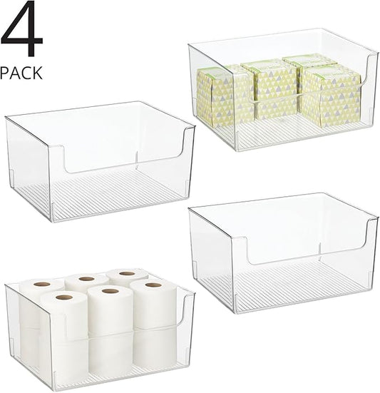 mDesign Large Modern Plastic Open Front Dip Storage Organizer Bin Basket for Bathroom Organization - Vanity Shelf, Cubby, Cabinet, and Closet Organizing Decor - Ligne Collection - 4 Pack - Clear