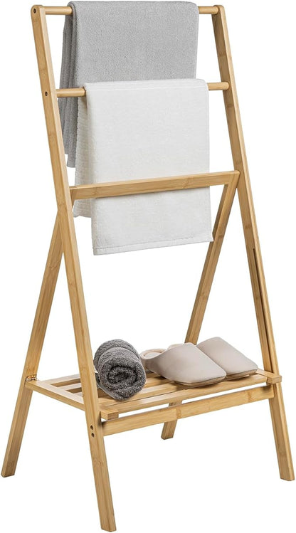 MyGift 3 Tier Free Standing Towel Rack, Foldable Blanket Ladder with Storage Shelf, 43" H Bath Towel Holder Organizer Drying Rack, Light Brown Solid Bamboo Quilt Rack
