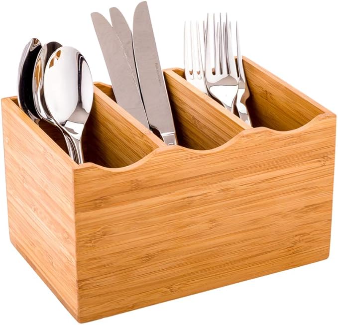 Restaurantware 8.25 x 5.5 x 4.75 Inch Flatware Display 1 Countertop Buffet Utensil Caddy - 3 Compartment For Parties Picnics Homes or Restaurants Natural Bamboo Cutlery Holder Upright
